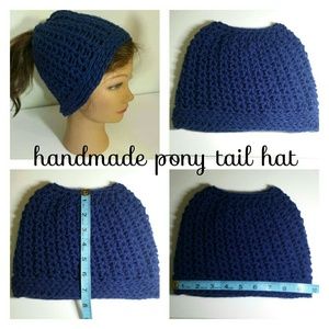 HandMade crochet Hair/Pony Tail Hat in blue size medium